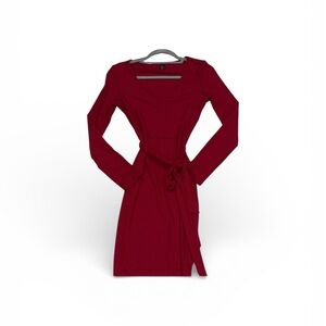 Ribbed Long Sleeve Wrap Dress in Deep Red Burgundy